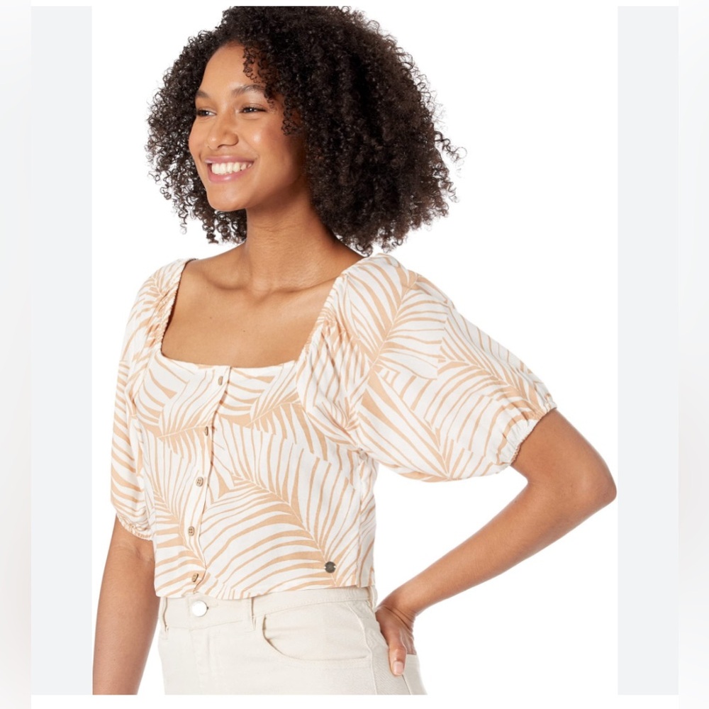 Roxy Pure Sugar Neutral Palm Print Top Women’s Size Large Vacation Travel Boho